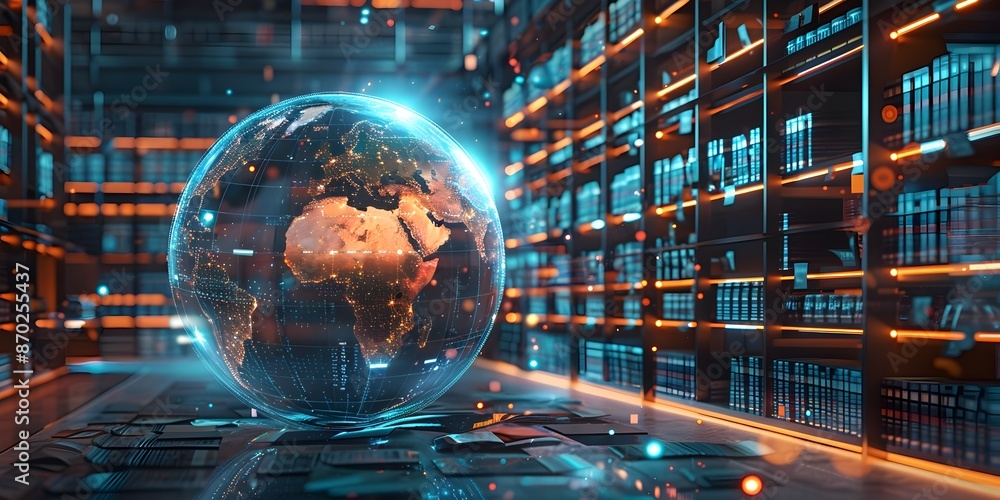 Poster futuristic digital library with interactive globe showcasing global digitalization impact