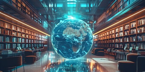 Futuristic Library with Digital Globe Empowering Students to Study Global Digitalization Impacts on Africa and Asia
