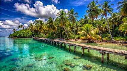 Obraz premium Serene coastline with turquoise waters lapping against weathered wooden pier surrounded by lush green palm trees under blue sky.