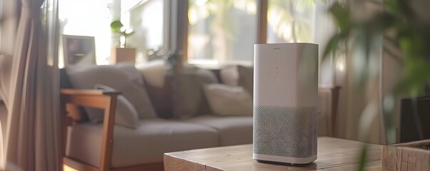 Air Purifier in Minimalist Home Connected to Smart Home System Emphasizing Clean Air and Technology