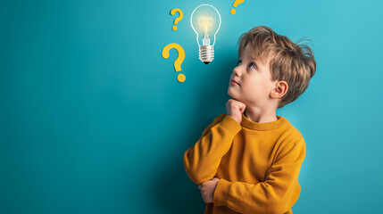 Thinking child boy on black background with light bulb and question marks