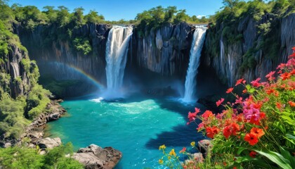 Majestic Waterfall with Rainbow and Flowers.