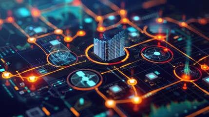 Fototapeta premium Advanced blockchain analytics with interconnected nodes, technology tone, splitcomplementary color scheme, top view, highlighting data sophistication