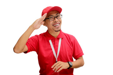 Excited Indonesian delivery man or courier celebrating Indonesian Independence Day by making a salute gesture. Isolated on a white background