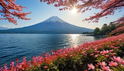 Mount Fuji with Cherry Blossoms and Sun.