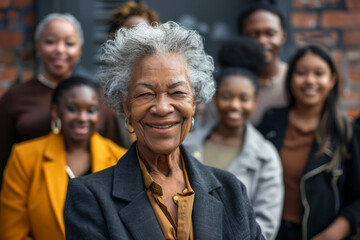 Fototapeta premium A group of people, including an older woman, are smiling for the camera