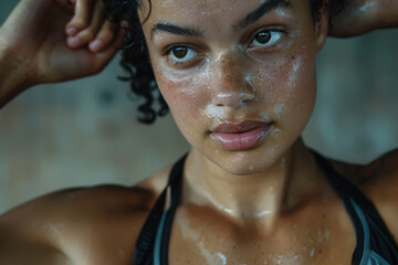 Close-up of a woman athlete fastening her sports bra