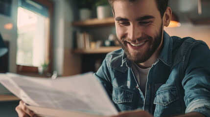 Fototapeta premium A man is smiling while reading a piece of paper