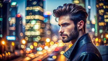 Obraz premium Urban cityscape background with blurred buildings, streets, and city lights, ideal for showcasing modern masculinity and edgy hairstyles.