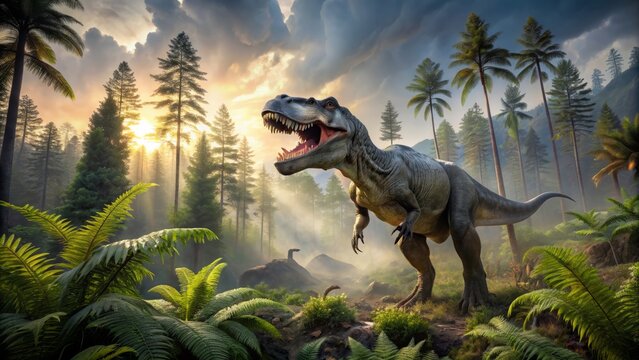 The Tyrex Roars In The Jungle While The Sun Sets In The Background.