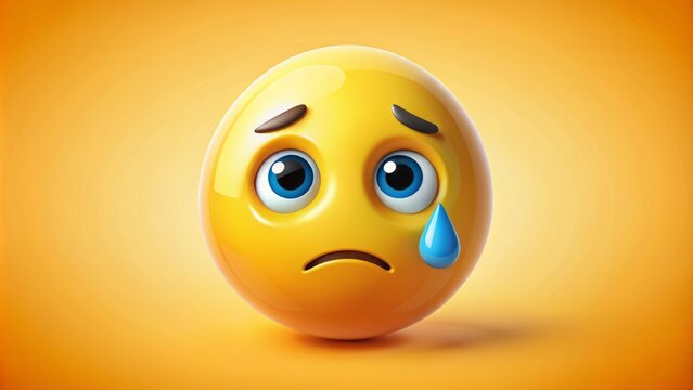 Yellow fun unhappy emoticon with tear drop symbolizing disappointment and sadness in a 3d vector style design element.