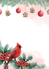 Vertical Christmas greeting card template with red cardinal bird, holly berries and pine branches with decoration. Hand drawn watercolor illustration for A5 or A4 postcard with copy space