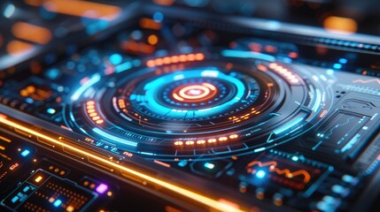 Futuristic Financial Management in a Sleek Virtual Office with Holographic Interface