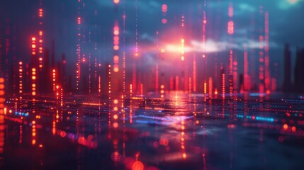 Obraz premium Futuristic Financial Data Visualization in Holographic Cityscape with Neon Highlights