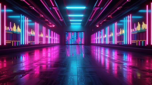 Futuristic Equity Trading in Neon Holographic Screens at Virtual Stock Market in Modern Tech Financial District