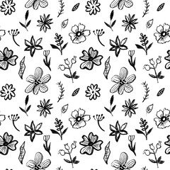 Trendy floral seamless pattern for fabric design. Flowers in Japanese style black and white texture. Summer vector illustration. Abstract grunge texture. Hand drawn brush pattern.

