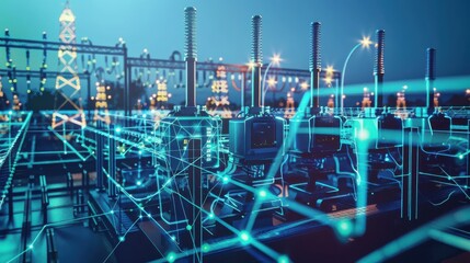 Smart grid components with interconnected systems, digital tone, analogous color scheme, front view, emphasizing advanced energy management