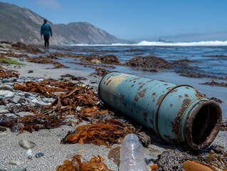 Person Collecting Plastic and Rusty Debris on Rocky Beach with Seaweed
