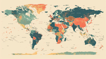 Colorful world map with easy-to-read details for educational use, world travel, or political reports. Customizable for various purposes, including website design and backgrounds.