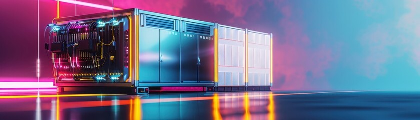 Obraz premium Nextgen energy storage with innovative battery systems, futuristic tone, vivid color scheme, side view, showcasing advanced power solutions