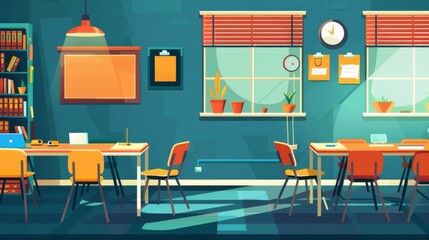 Fototapeta premium This vibrant image showcases a contemporary office space with blue walls, wood floors, desks with computers, and decorative plants Ideal for modern workplace themes