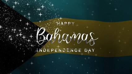 Happy Bahamas Independence Day Text Animation with waving flag background. Celebrate Happy Bahamas Independence Day on 10th of July. Great for celebrating Happy Bahamas Independence Day.