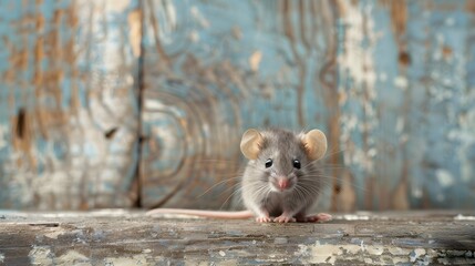 Gray small cute mouse on wooden background. 