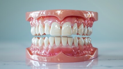 Obraz premium 3D illustration of dental model showing upper and lower teeth with clear aligners, highlighting modern orthodontic devices for teeth alignment.