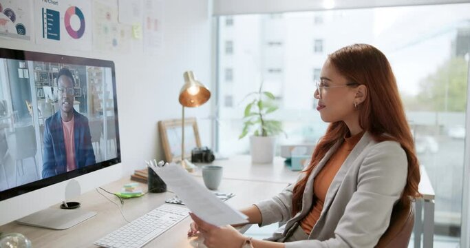 People, CV and digital job interview for project onboarding, portfolio and talking of career experience. HR manager, partner and video call on computer screen for resume review in human resources