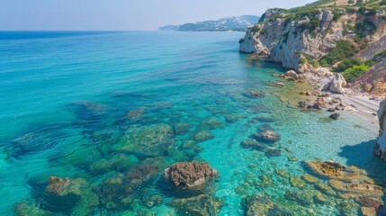 Fototapeta premium The sea's soothing embrace, as cool waters lap against sun-kissed skin, offers respite from the heat of the day and a moment of blissful relaxation.