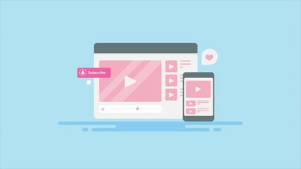 Video content post on social media, mobile video views analytics increase subscriber digital marketing concept, animation.