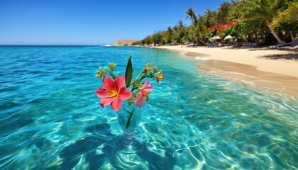 Tropical Flower in a Glass on the Beach.