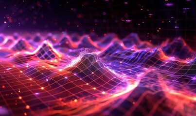 Abstract Digital Landscape with Glowing Grid and Particles