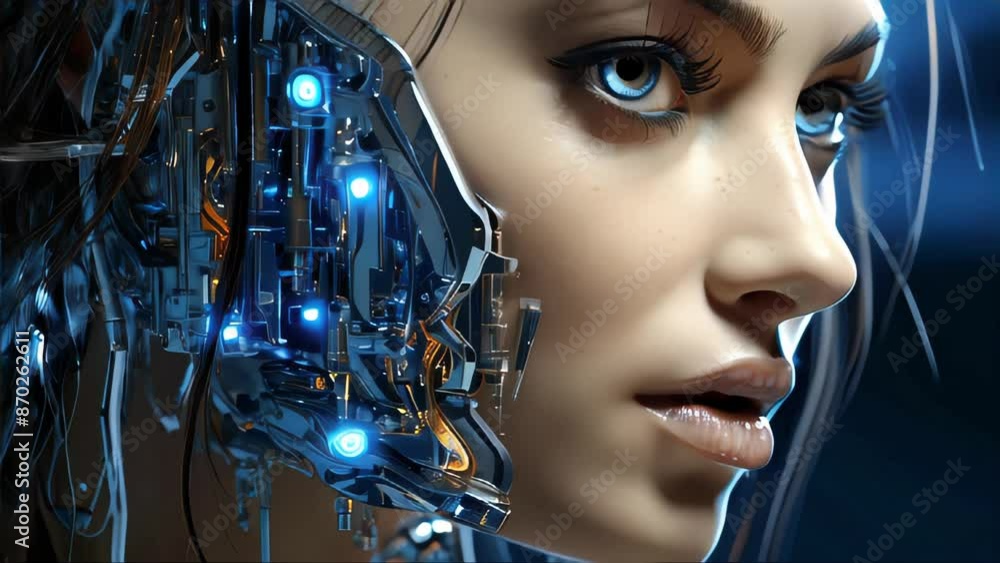 Poster connection of human woman and artificial intelligence robot. the concept of merging a person and a c