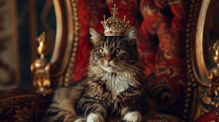 Majestic Cat Wearing Crown on Ornate Chair