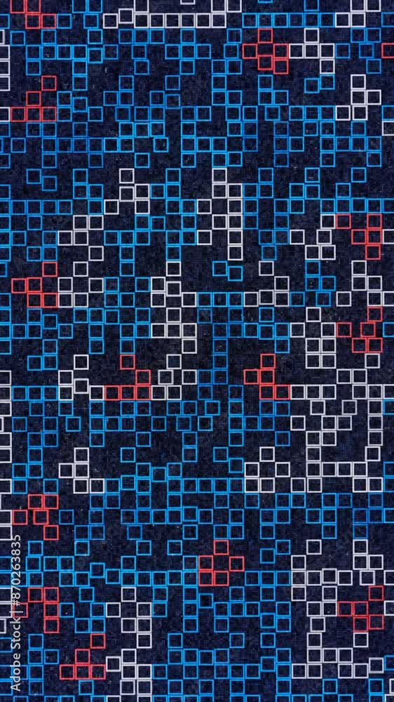 Poster moving blue and red mosaic on a dark background with grain effect. media. small mosaic flickering on
