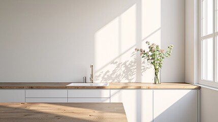 Modern Minimalist Kitchen with Flowers on Countertop