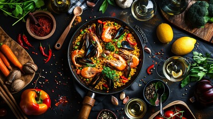 Paella with seafood and vegetables on a black background