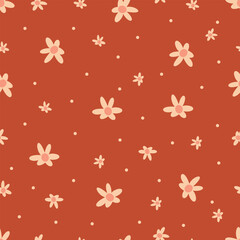 Seamless vector pattern. Cute beige daisies on red background . Vector illustration