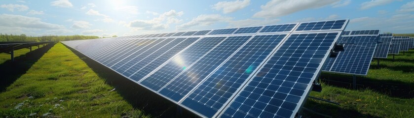 Solar panels in a sunny field, digital tone, analogous color scheme, front view, emphasizing renewable energy