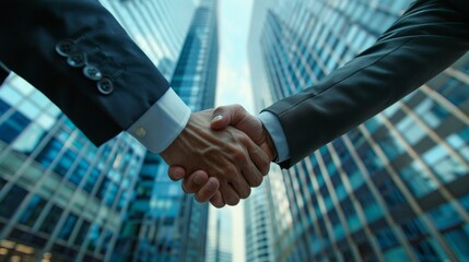 Two professionals engaging in a handshake in front of towering skyscrapers signaling a business agreement or partnership