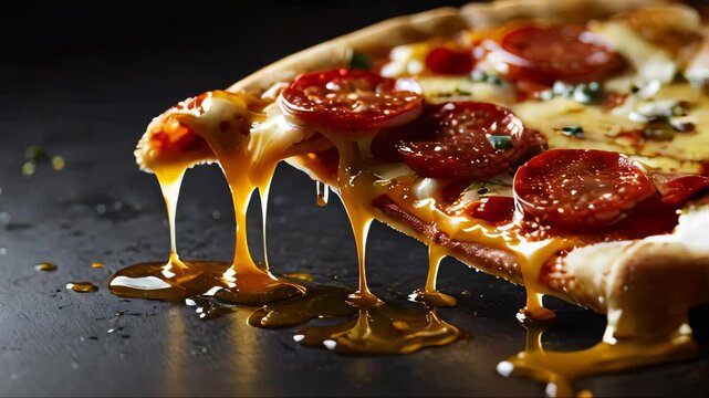 A slice of pepperoni pizza with melted cheese dripping from it