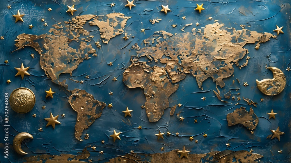 Poster an image of a world map with highlighted locations where significant lunar missions occurred, markin