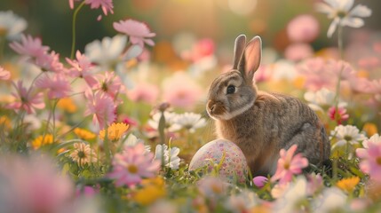Obraz premium Adorable Spring Bunny Sitting Beside a Speckled Easter Egg Surrounded by Colorful Blossoms in a Peaceful Flower Garden Scene