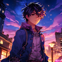 Anime Young Boy Standing behind building scene