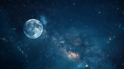 A vibrant night sky filled with stars and the Moon, celebrating International Moon Day. Astronomical symbols and constellations are subtly integrated into the background. Copy space for text, sharp