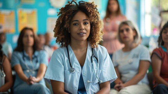 A healthcare professional explaining hepatitis prevention to a group of people in a community center, marking World Hepatitis Day. The setting is educational with charts and informational posters.