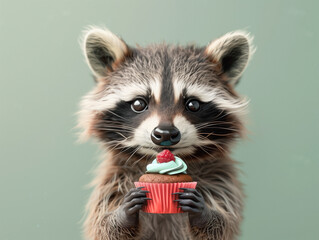 Obraz premium A raccoon stands on its hind legs, indulging in a pink cupcake
