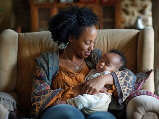 A tender portrait of a mother breastfeeding her newborn baby in a serene and peaceful environment.