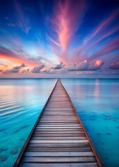 Fototapeta premium long wooden pier over blue sea, evening, serene atmosphere, calm water,